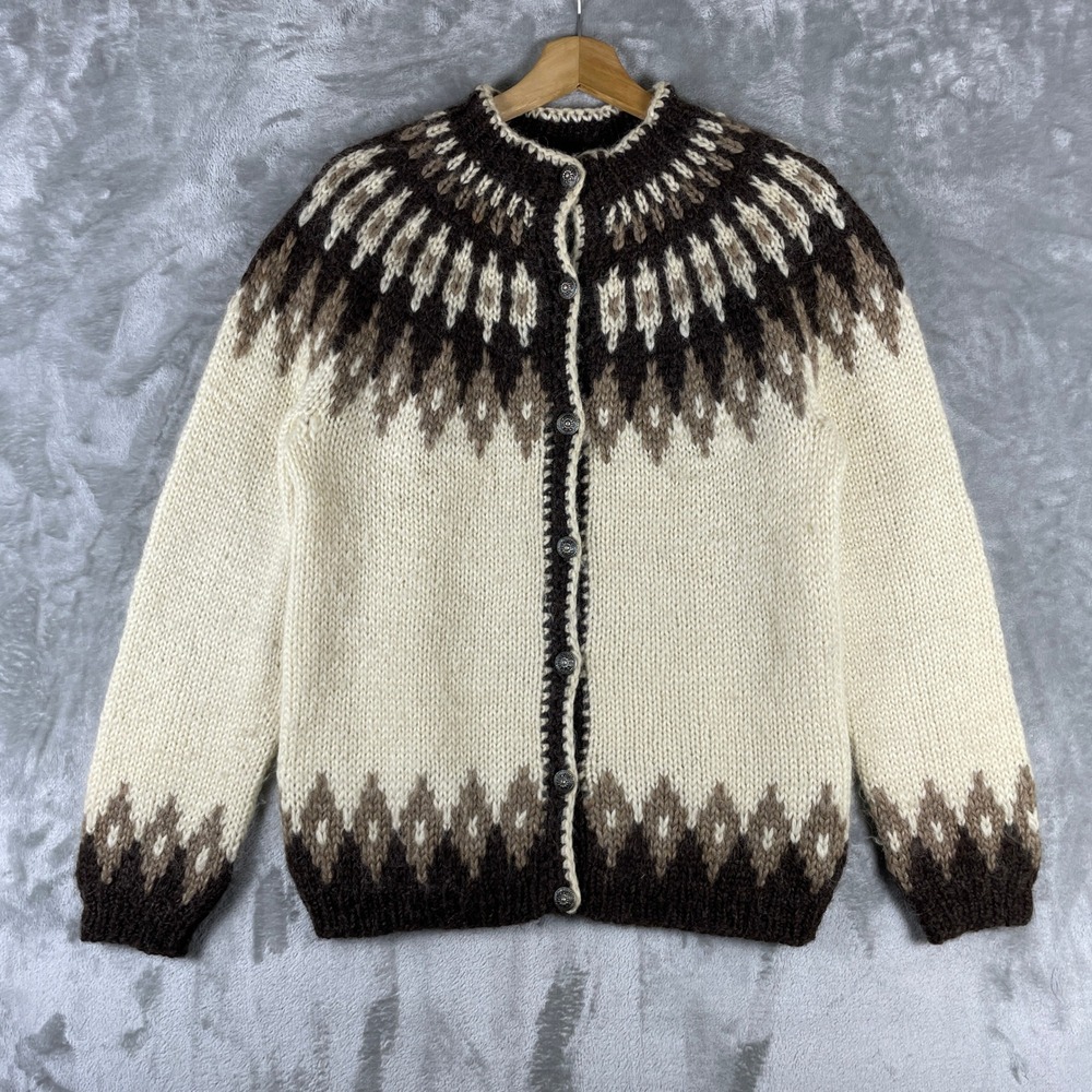 Vintage Cardigan Sweater Womens M/L Cream Brown Fair Isle Nordic Wool Hand Knit